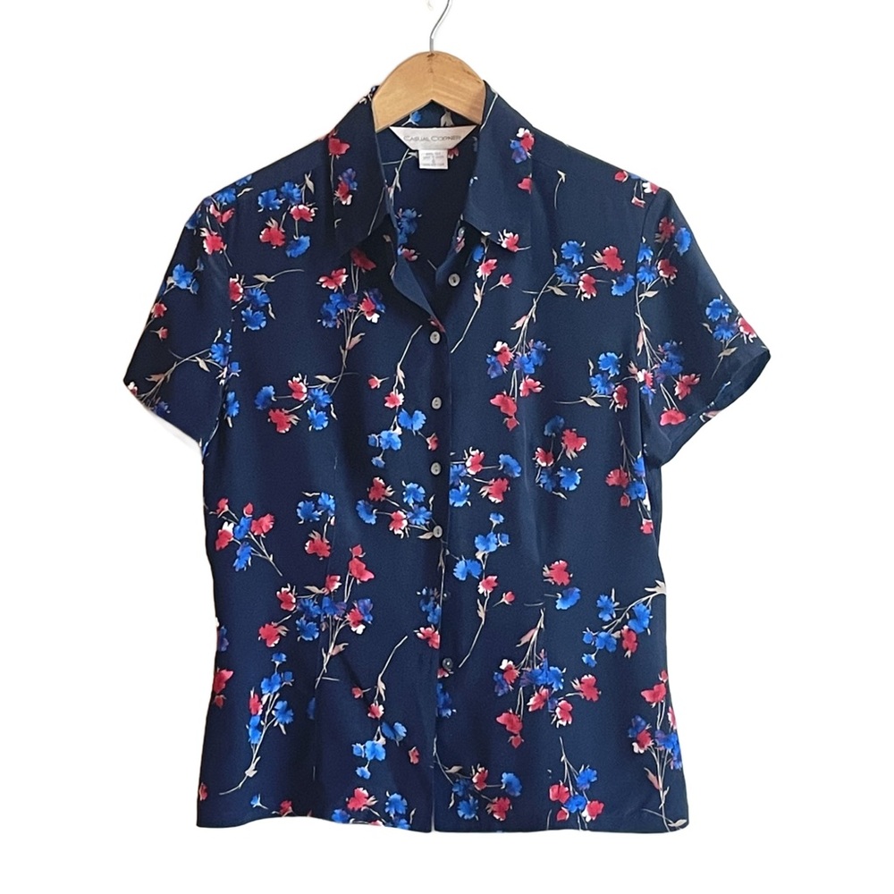 Vintage Women’s Casual Corners Silk Blue Red Floral Blouse Short Sleeve Sz 6